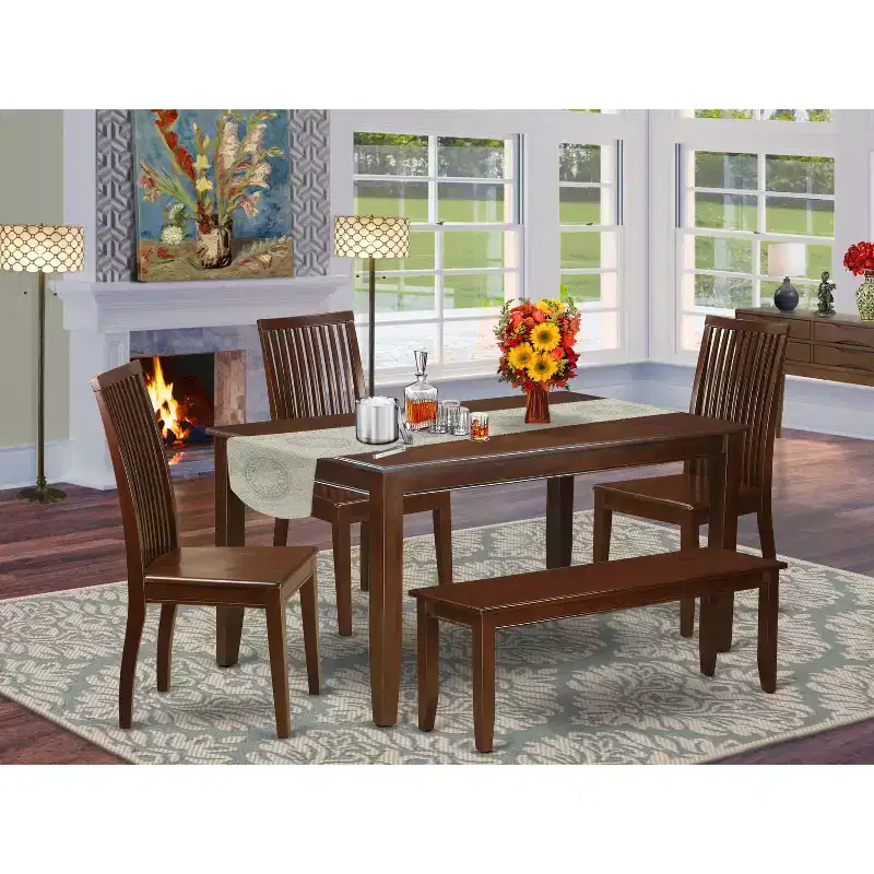HomeStock 6-Piece Rectangle Mahogany Finish Solid Wood Top Dining Table with 1 Bench, 4 Chairs