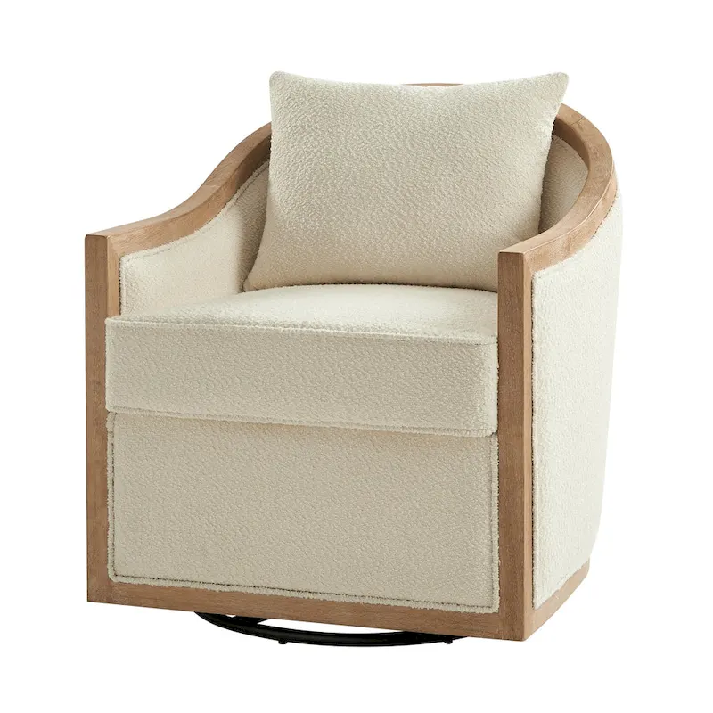 Oswald Jess Farmhouse Solid Wood Edging Swivel Barrel Chair with Toss Pillows by HULALA HOME
