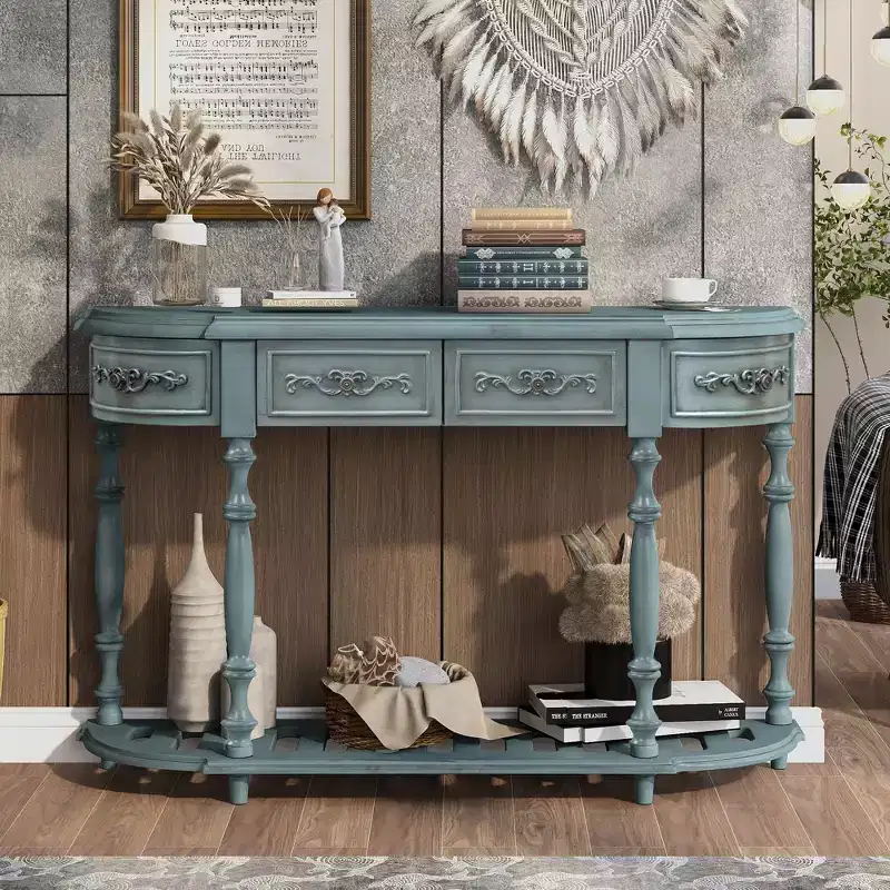 TUYOHW 52 Classic Curved Console Table with 4 Drawers and Lower Shelf,Solid Wood Entryway Table with Ample Storage for Hallway,Living Room