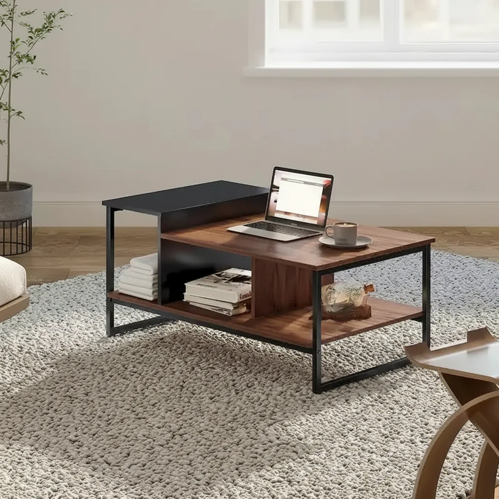 Farmhouse Glass Coffee Table with Storage, Metal Wood