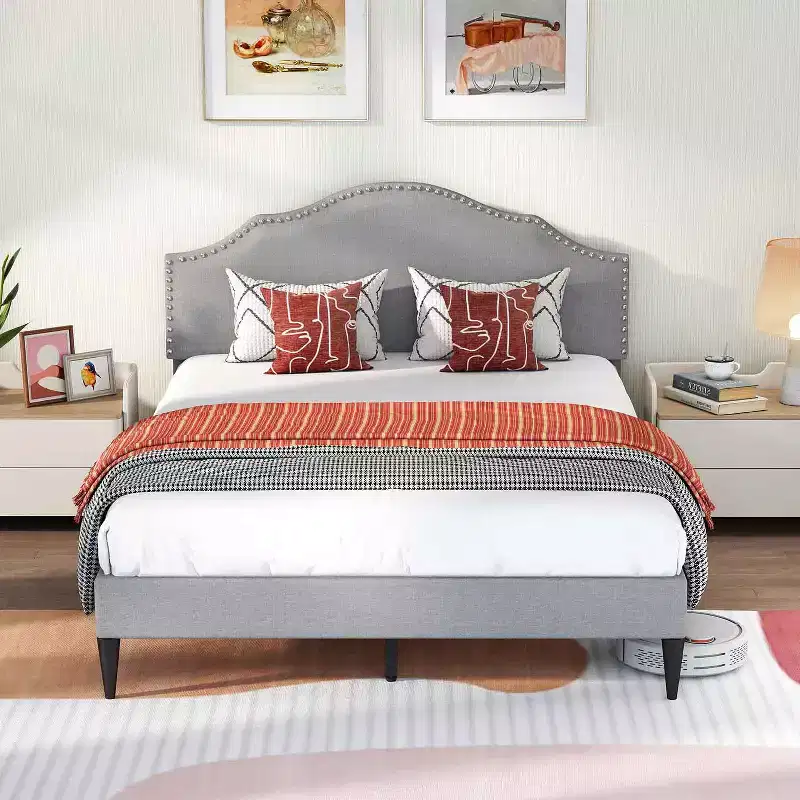 BestMassage Upholstered Platform Bed Frame with Headboard Fabric Mattress Foundation No Box Spring Needed