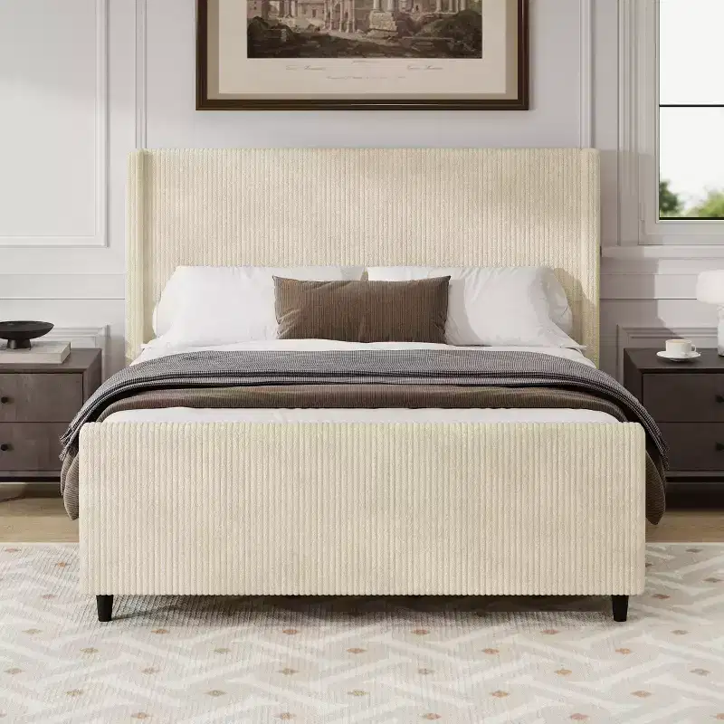 Whisen Corduroy Upholstered Bed Frame with Wingback Headboard - Cream