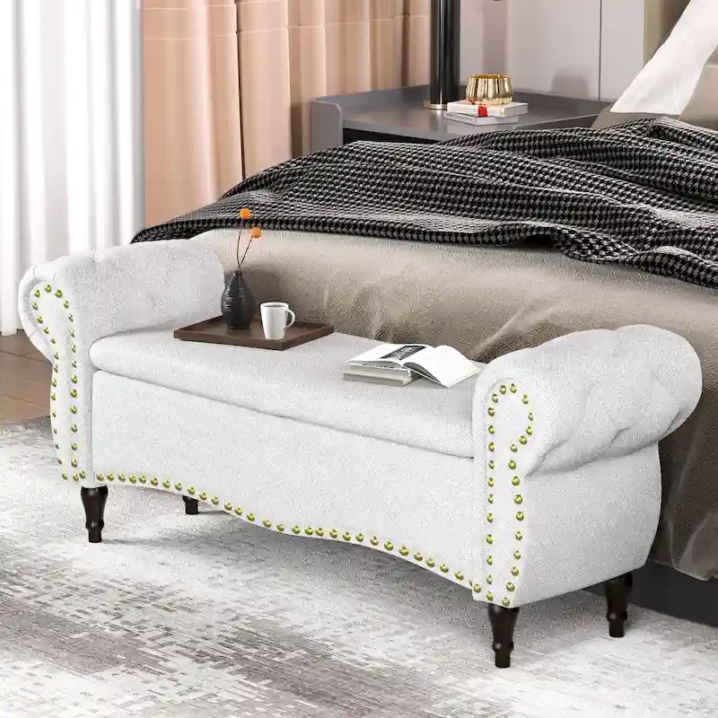53 Tufted Storage Ottoman Bench with Rolled Arms and Nailhead Trim for Bedroom, Living Room, Entryway
