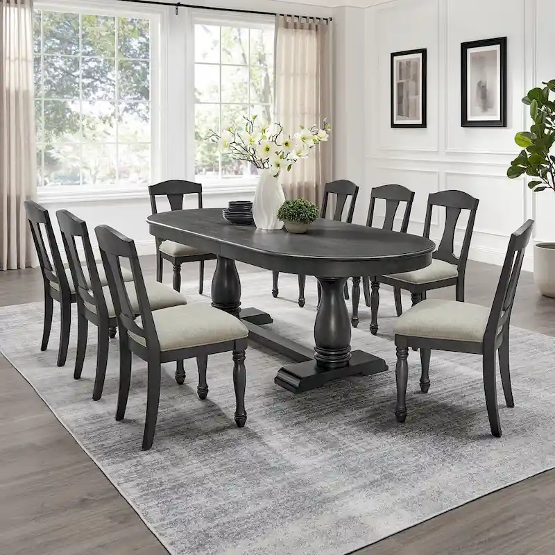 7 Pcs Solid Wood Dining Table Set, , Kitchen Extendable Dining Table Set with Curved Table and 6 Upholstered Chairs