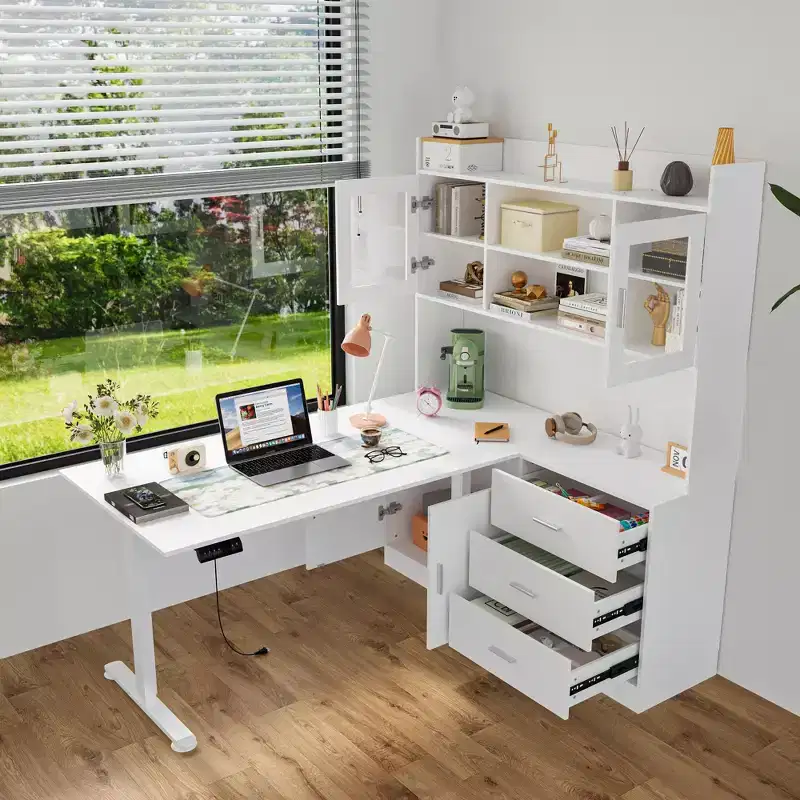 Famapy Liftable Desk Computer Desk Large Desktop All-in-One Composite Storage Cabinet White