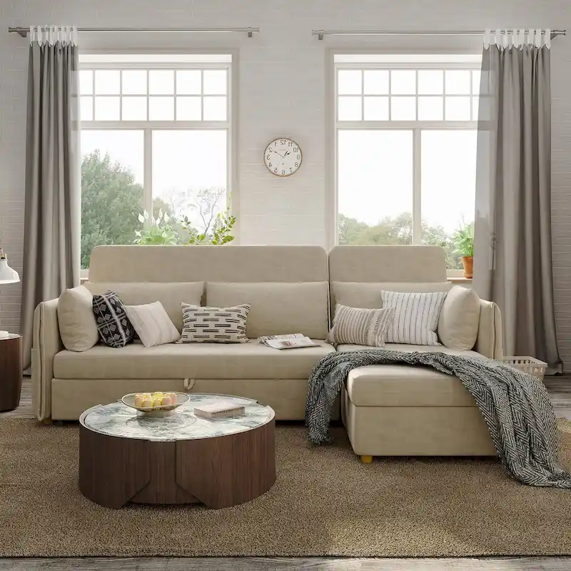 L-Shape Sofa Bed with Scratch-Resistant Fabric and Solid Wood Frame