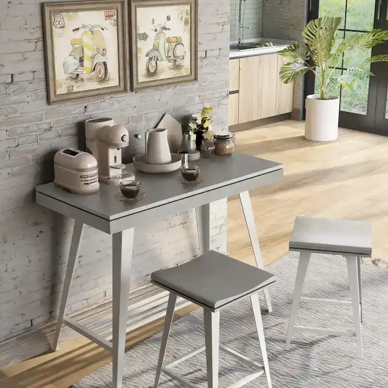 3-Piece Counter Height Dining Set with Steel Trestle Base – Antique Grey / Dark Oak / Antique Green, Seats 2