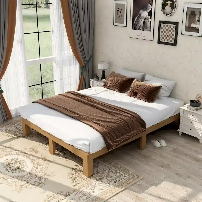Queen Wood Platform Bed Frame, No Box Spring Needed, Strong Slat Support