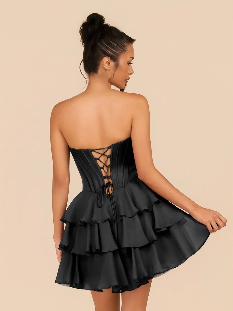 Black – Strapless A-Line Homecoming Dress with Ruffles and Beading
