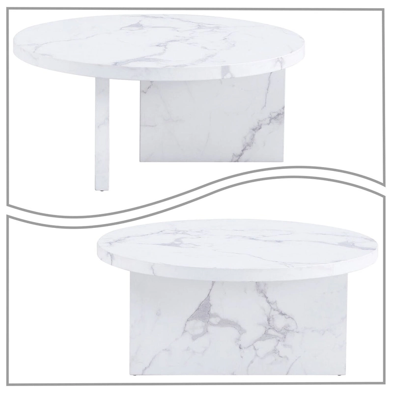 Modern Stylish Wooden Round Coffee Table with Imitation Marble Veneer Surface