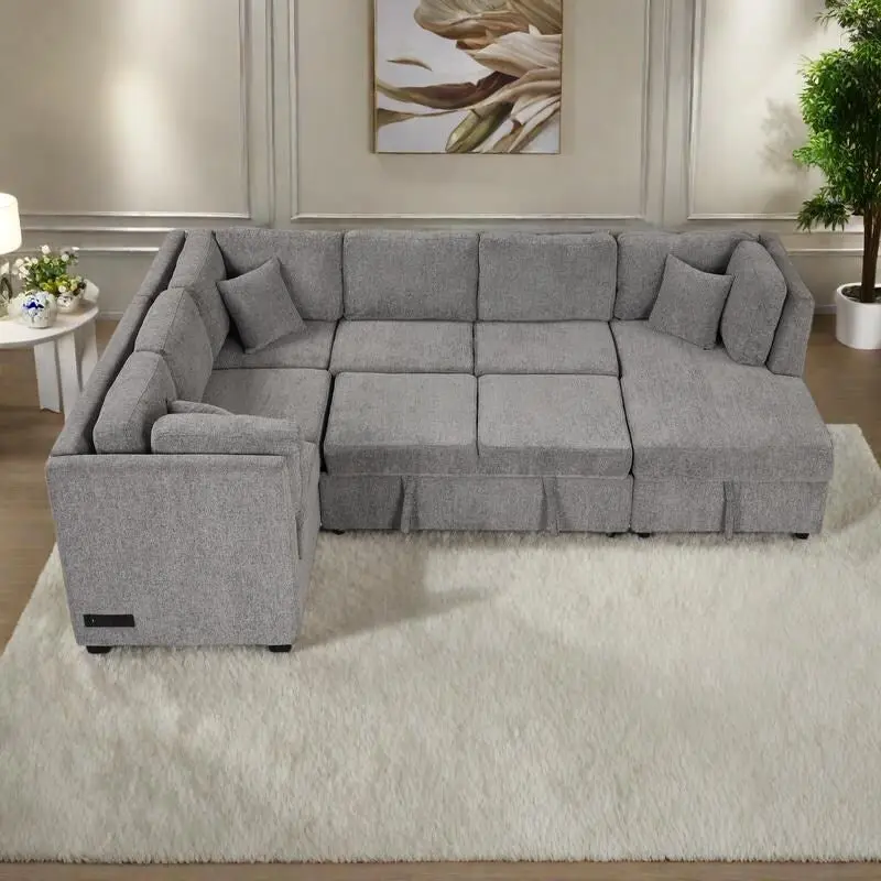 108.6  Chenille U-Shaped Sectional Sofa Bed with USB Ports, Storage Chaise, and 3 Back Pillows