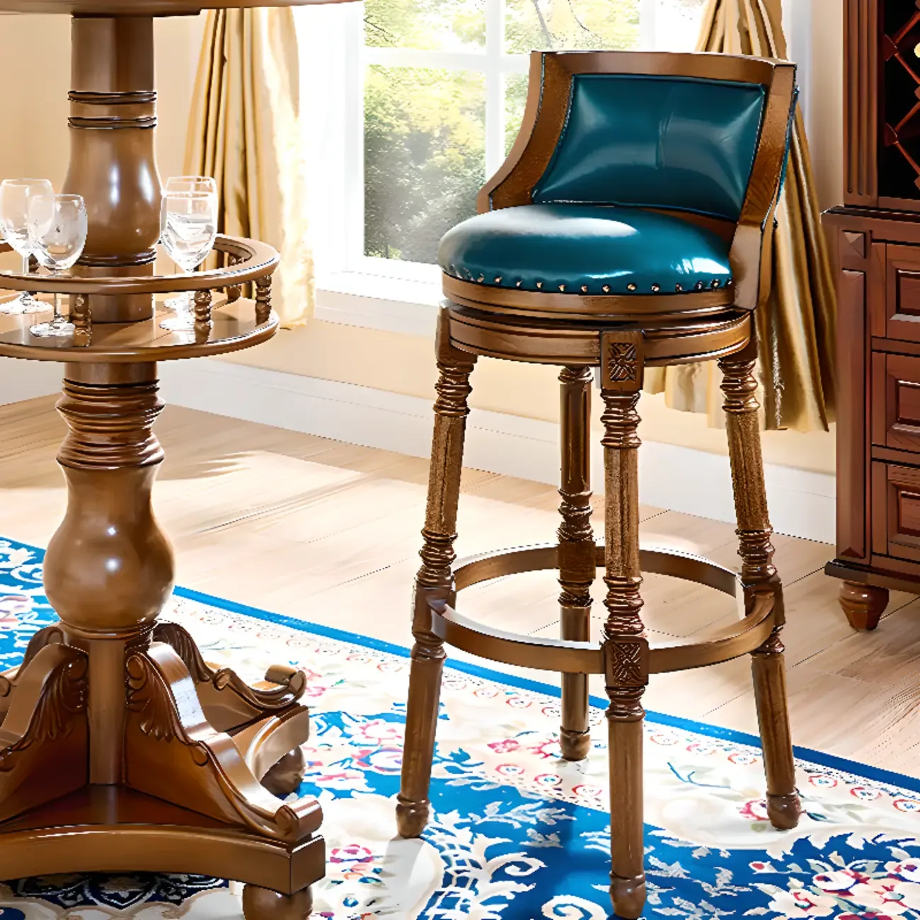 Traditional Blue Faux Leather Swivel Round Bar Stools