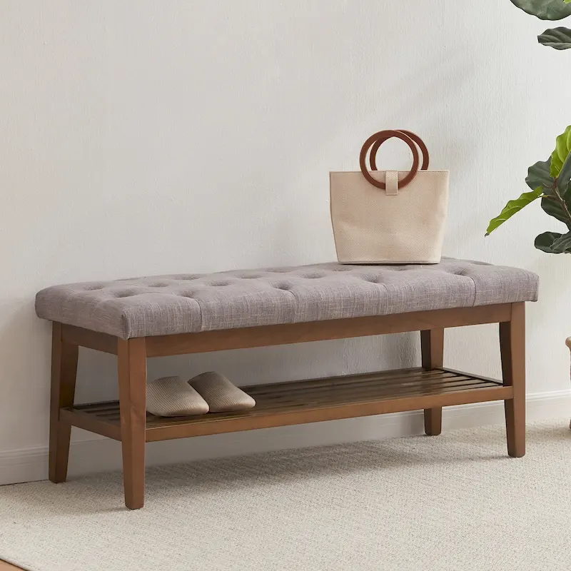 43-inch Fabric Solid Wood Upholstered Storage Bench for Entryway, Living Room, Bedroom