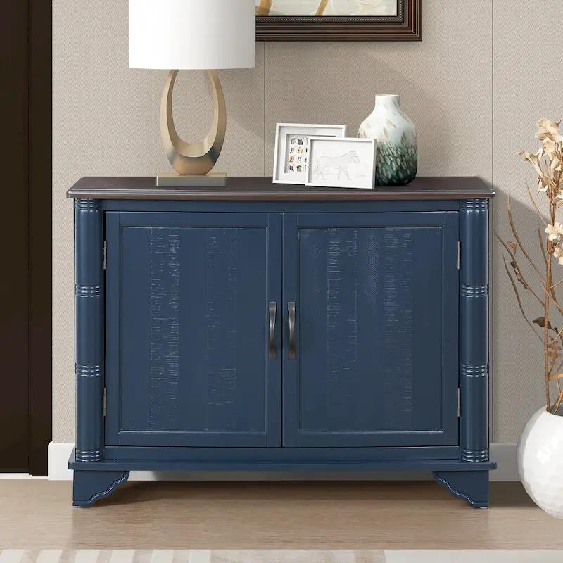 Navy Blue / Antique White / Light Espresso / Natural Retro Console Table with 2 Cabinets & Adjustable Shelves, Solid Pine Legs, 40 Inch