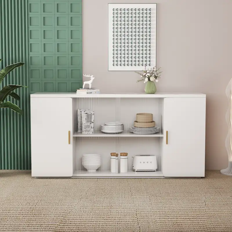 White & Black Brown Wood Side Cabinet with 2 Solid Doors & 1 Glass Door