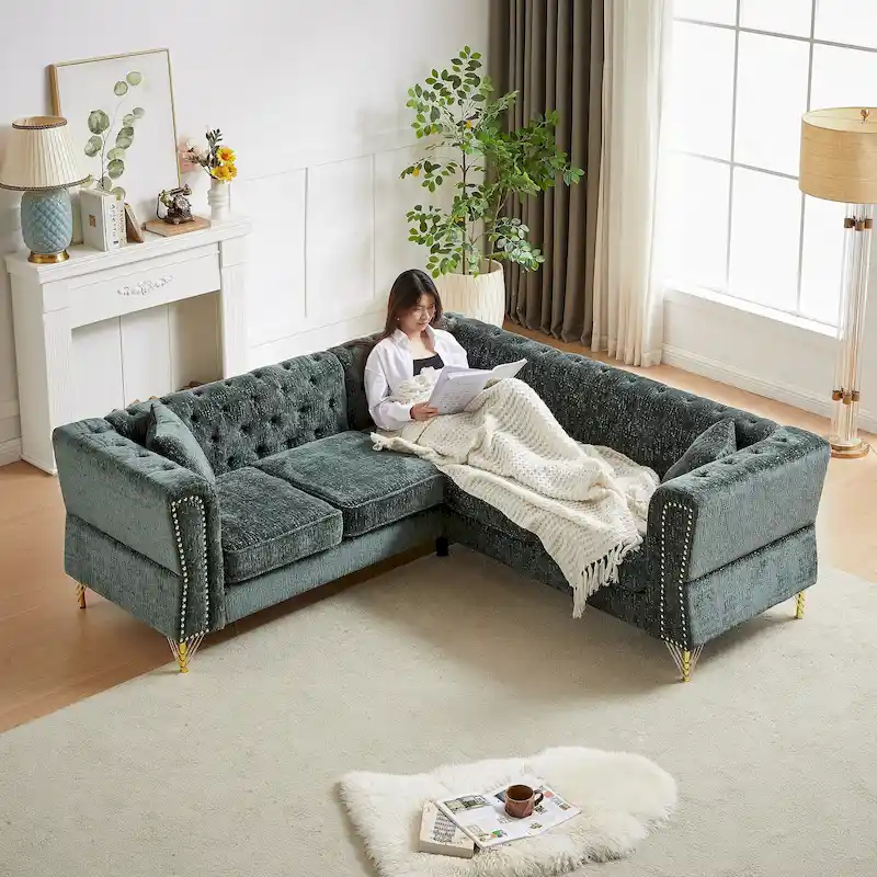 L-Shaped Sectional Sofa with Chesterfield Design, Chenille Fabric, 5-Seat