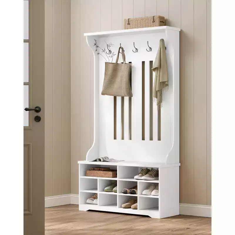 Hall Tree, Coat Rack with Bench, Shoe Storage, 5 Tri-Hooks, Freestanding, Space-Saving, for Mudroom, Entryway, Hallway, Adjustable Shelves