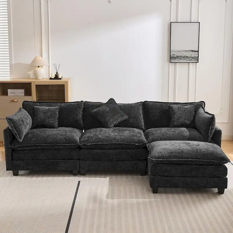 112 Modern L-Shape Chenille Upholstered Sofa with 5 Pillows