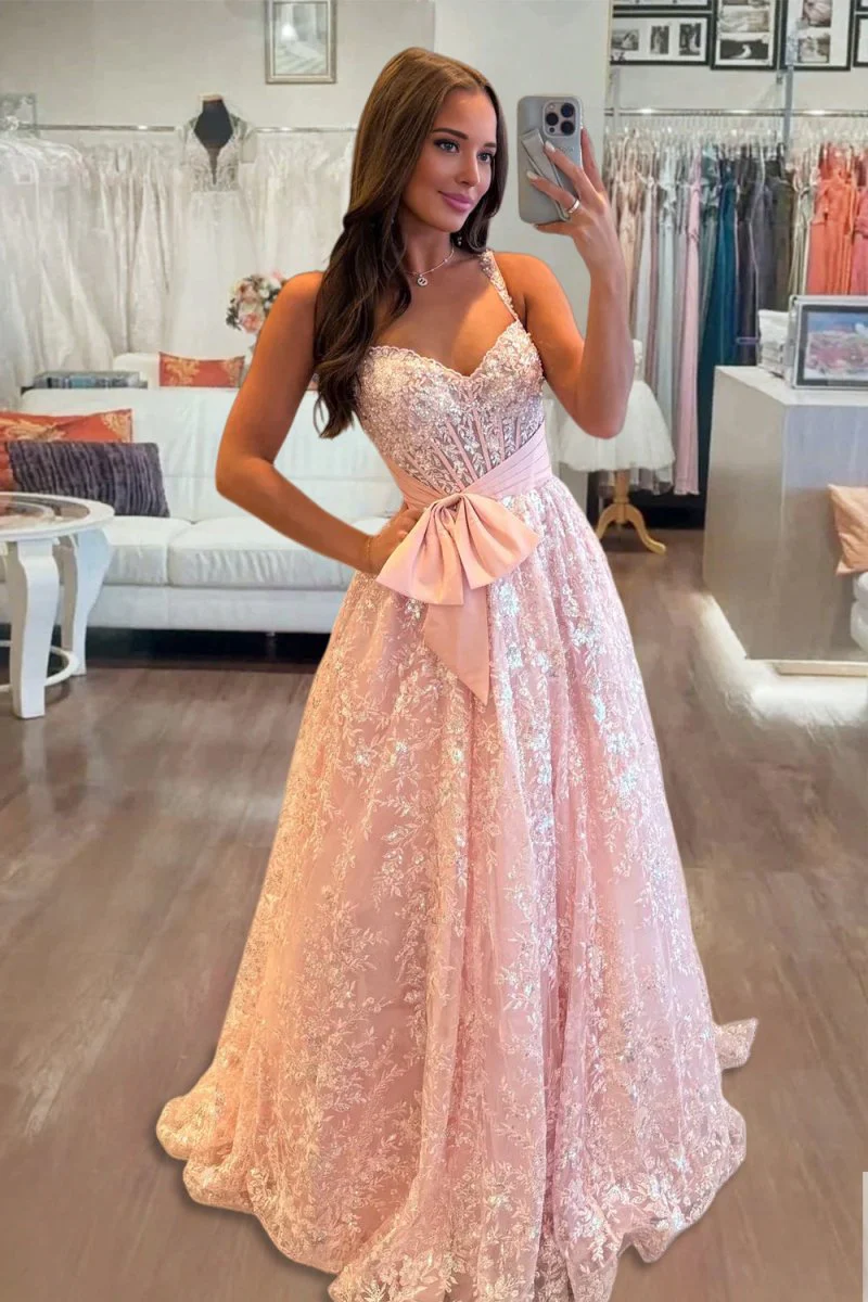 Pink Sweetheart A Line Sequined Lace Long Prom Dresses With Bow