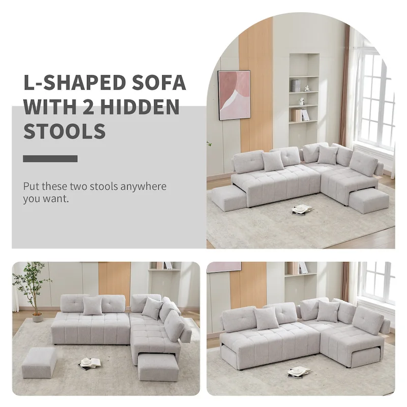 91.73 L-Shaped 4-Seat Sectional Sofa with 2 Hidden Stools, 2 Removable Lumbar Cushions, and Durable Chenille Fabric