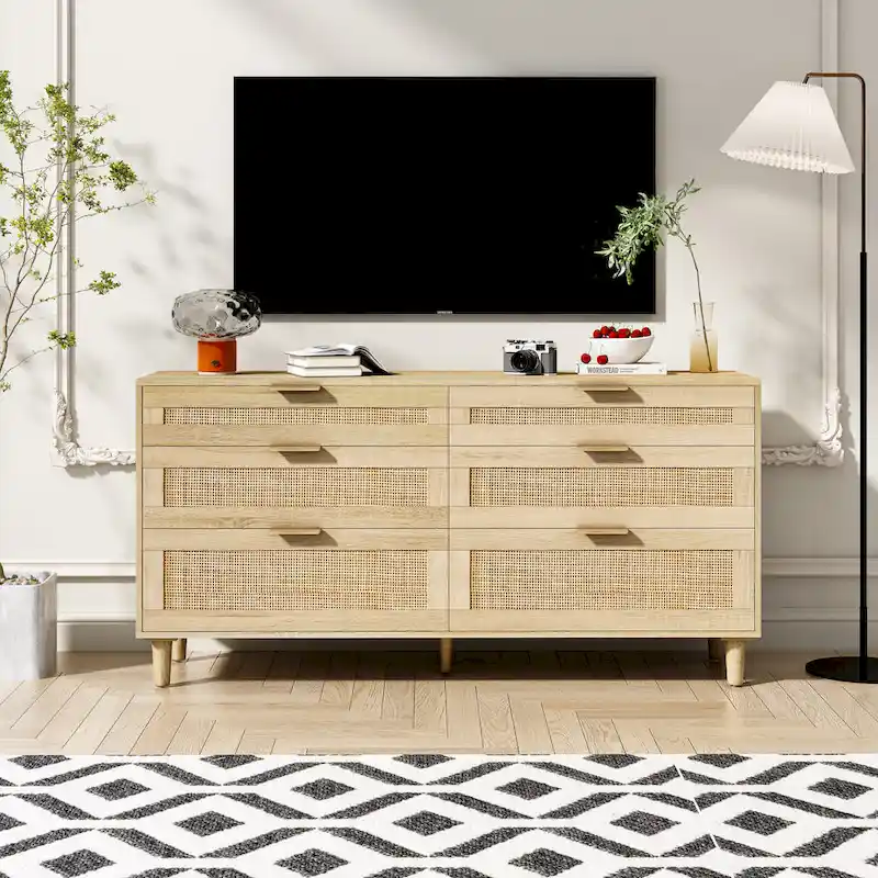 White / Natural / Black Rattan 6-Drawer Double Dresser, Metal Handles