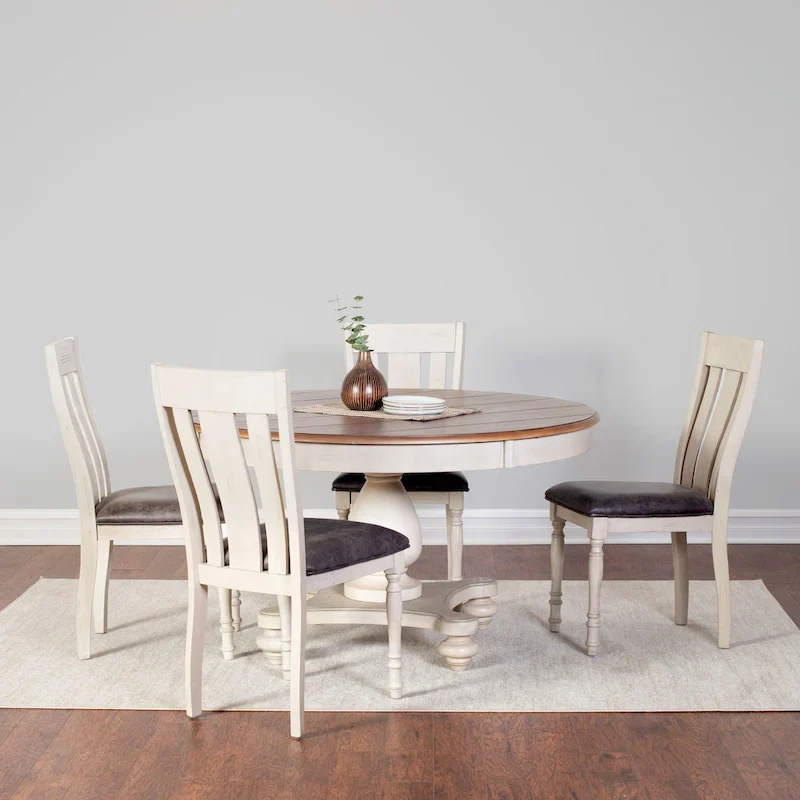 Roundhill Furniture Arch Weathered Oak Dining Set: Round Table, Four Chairs