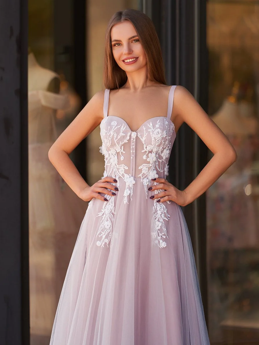 Lavender A-line Sweetheart Neckline Tulle Sweep Train Prom Dress