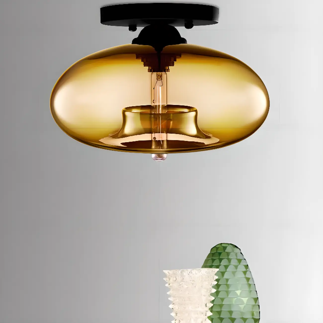 Clear Glass Drum Shade Industrial Semi Flush Mount Light