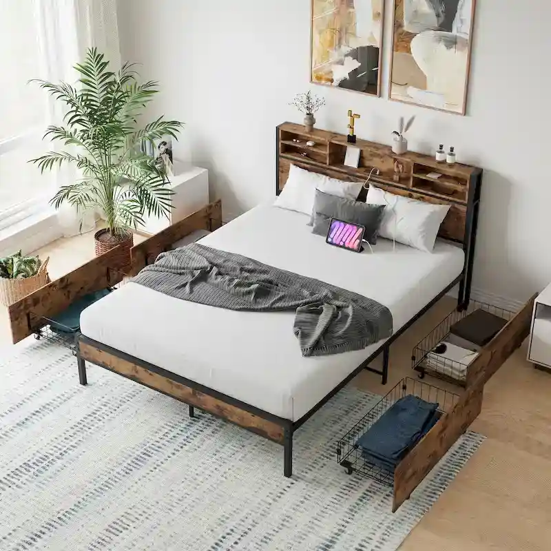 Black Queen Platform Bed Frame, Storage Headboard & 4 Drawers, For 1–2 People