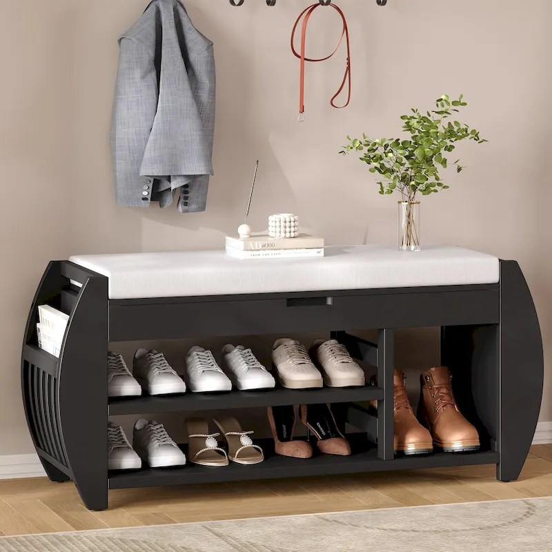 Multifunctional Storage Bench with Cushion and Curved Side Panel for Entrance and Living Room