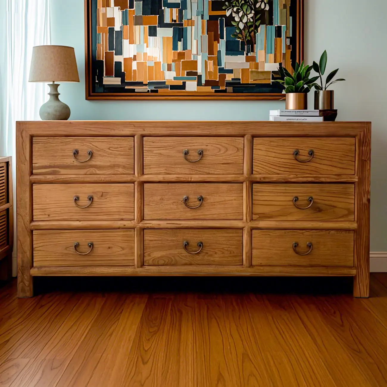 Traditional Brown Wood Console Dresser Metal Handles