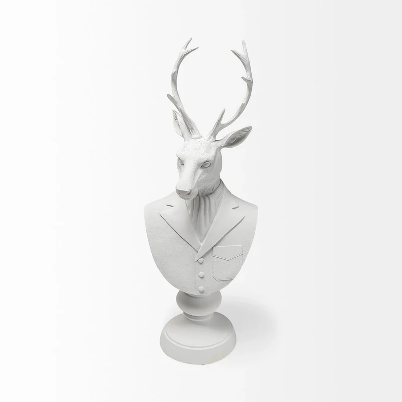 HomeRoots 23  White Polyresin Suited Deer Bust Tabletop Sculpture - 6  W x 8  D x 23  H