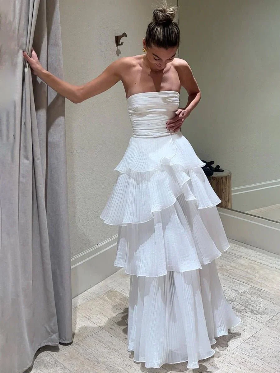 Cute A-Line  Chiffon Strapless Tiered Wedding Dresses