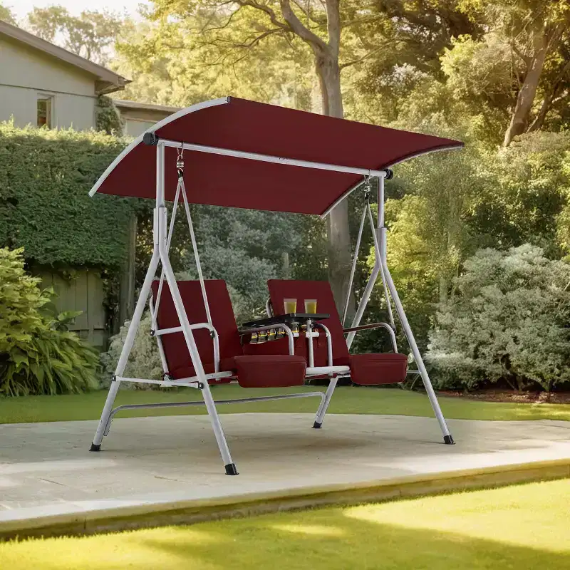 EROMMY 2-Seat Patio Porch Swing with Stand, Adjustable Canopy and Cup Holder