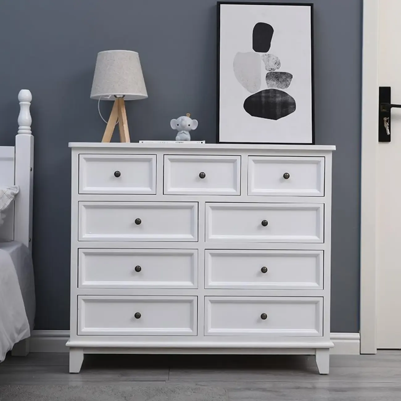 Elegant Wooden 9-Drawer White Dresser with Metal Handle