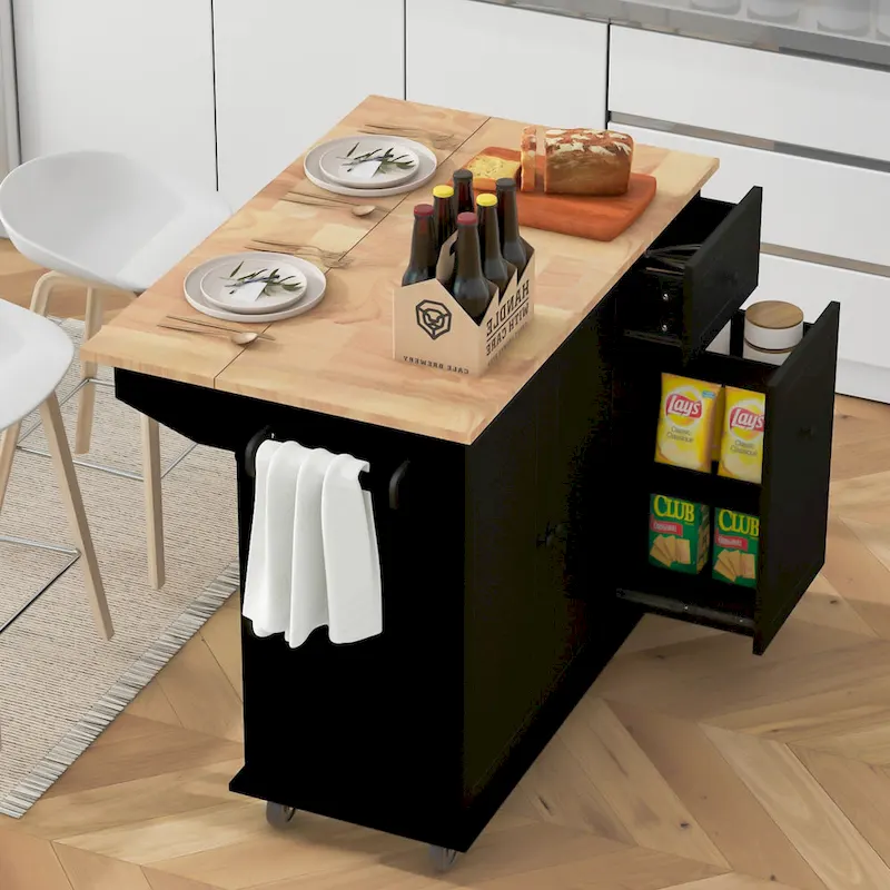53.9 Width Rolling Kitchen Island with Drop Leaf and 3 Tier Pull Out Cabinet