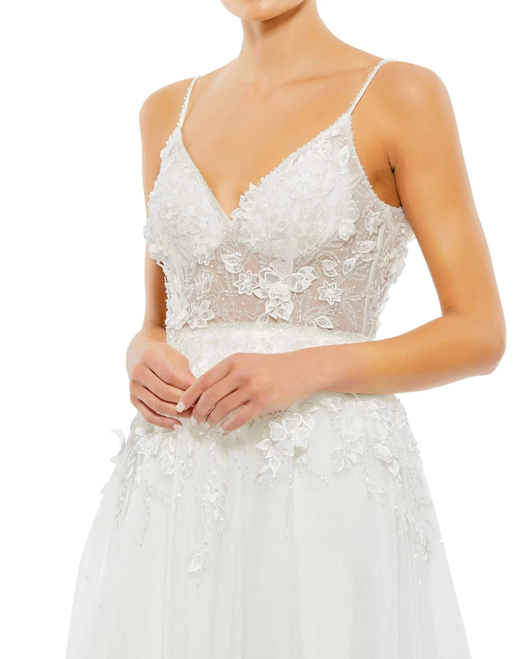 White Applique V Neck Sleeveless Open Back A Line Gown