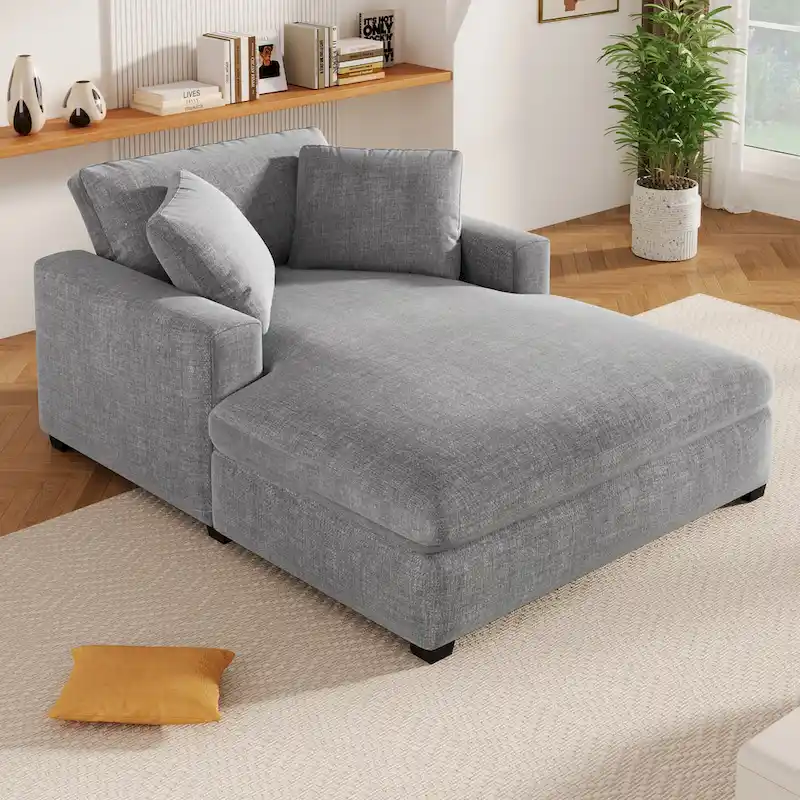 Chaise Lounge Chair, Oversized, Solid Wood Legs, Fabric Upholstery, Gray, 1-2 People