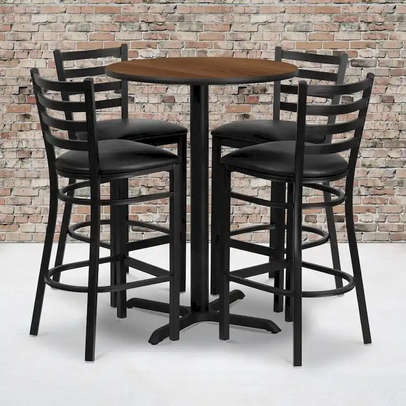 30 Round Laminate Table with X-Base and 4 Ladder Back Metal Barstools