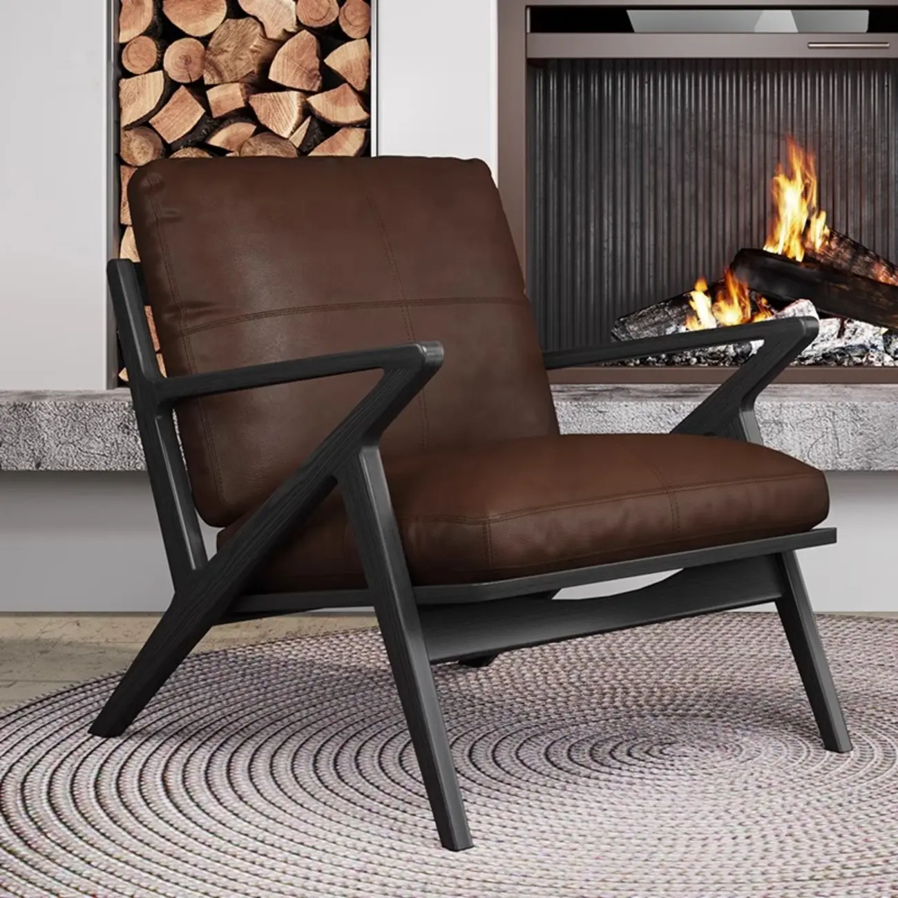 Brown Genuine Leather High Back Armrest Accent Chair