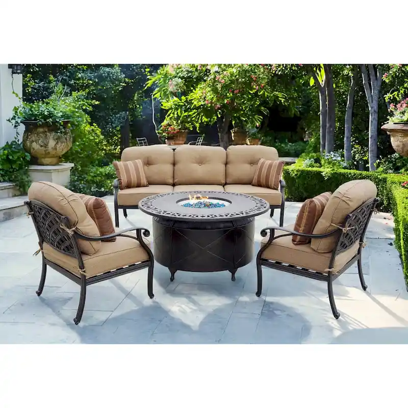 Nassau 4-Piece Patio Propane Fire Pit Sofa Conversation Set with Cushions and 47 Round Fire Pit Chat Table and Fireglass