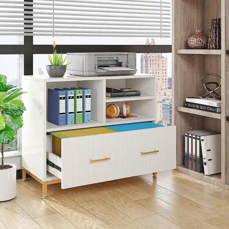 White & Gold Lateral File Cabinet – Modern Style, 2-Person Assembly