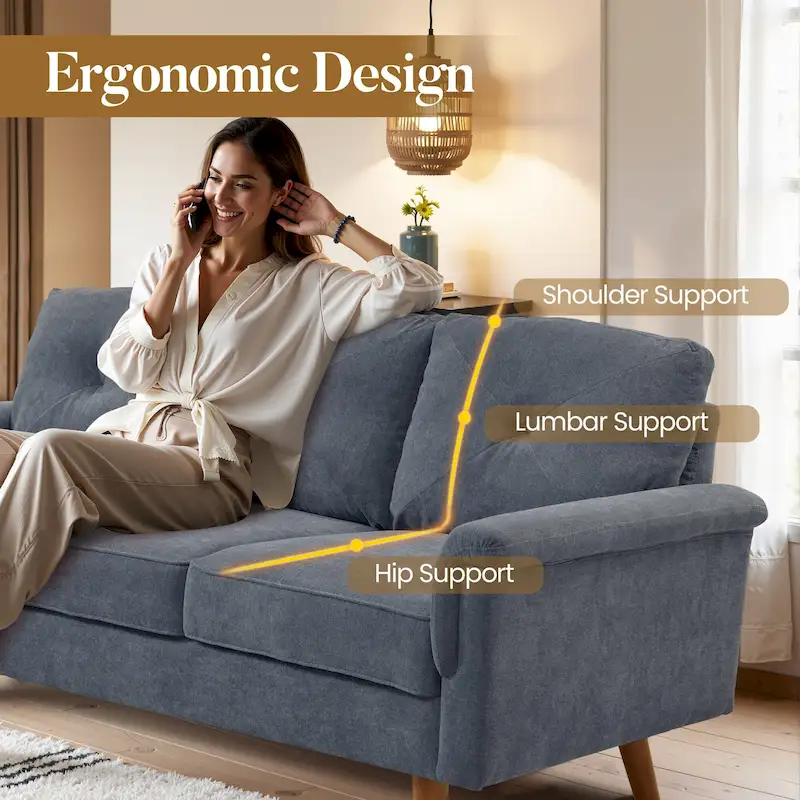 Mid-Century 3-Seat Upholstered Sofa with Wood Legs