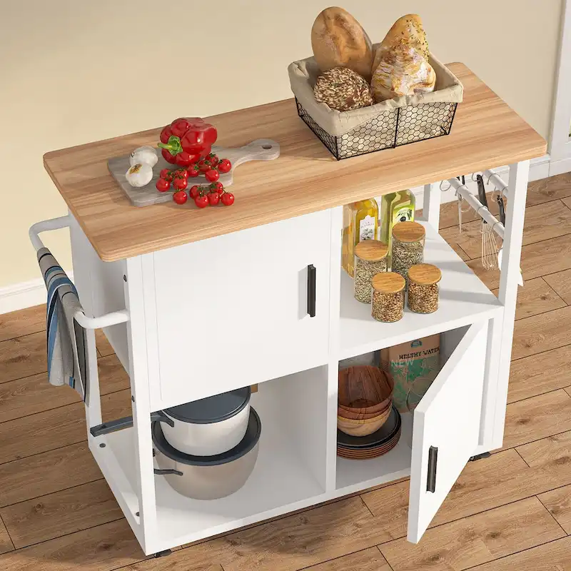 Kitchen Island with Wheels and Towel Rack, Kitchen Cart Utility Coffee Bar Cart with Shelves and Cabinet - White