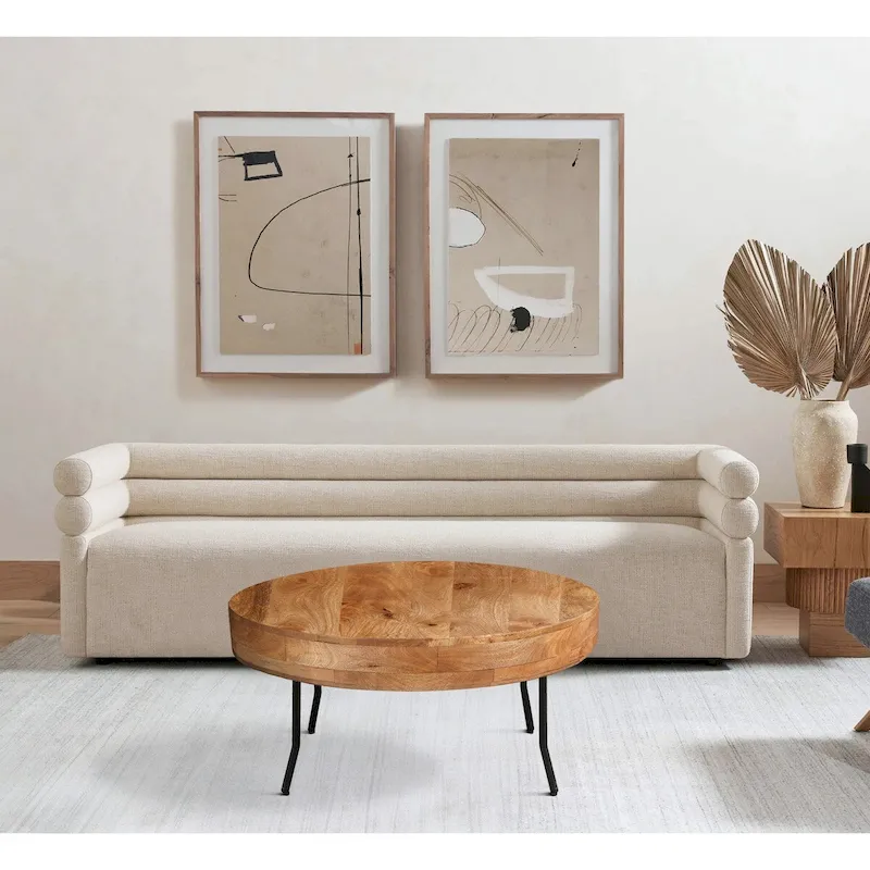 Brown & Black Round Coffee Table, Wood Top, Metal Legs, Seats 1–2