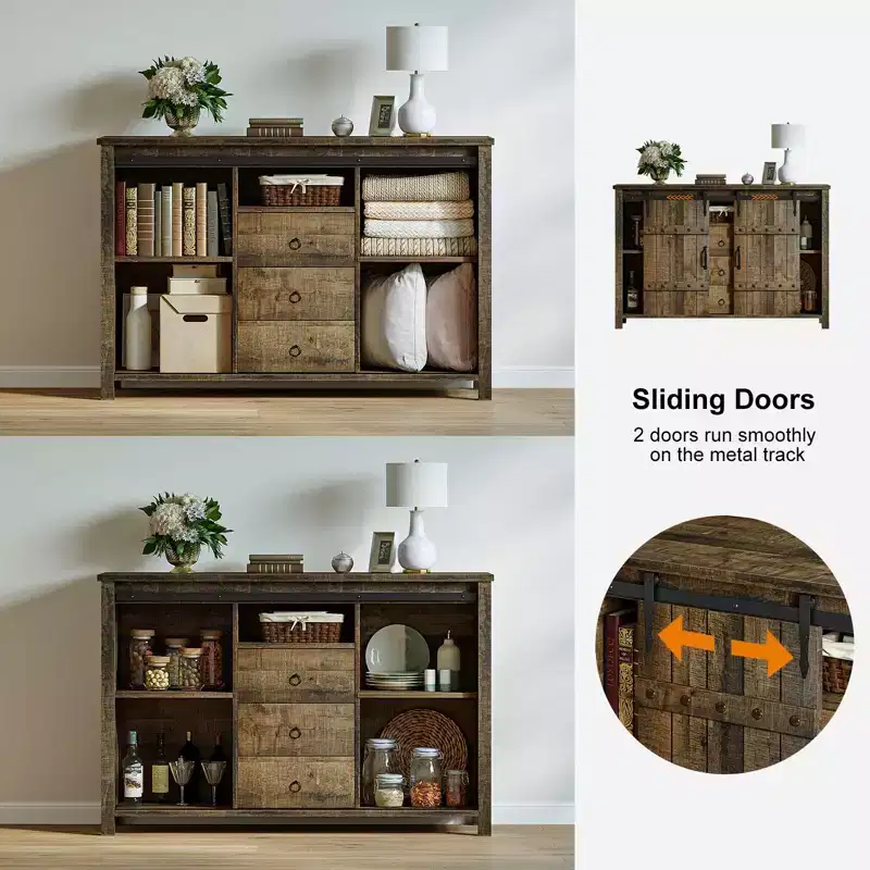 Hausource 3 Drawers Kitchen Storage Cabinet Sideboard Buffet Cupboard Sliding Barn Door