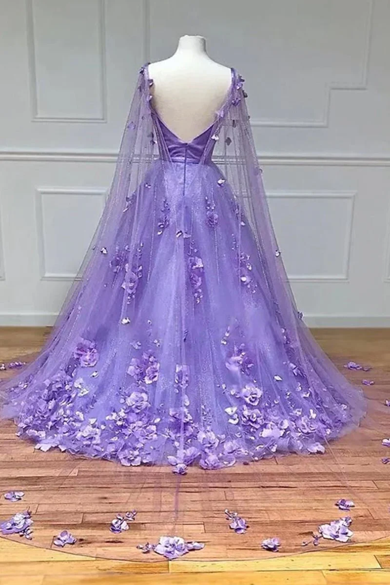 Lavender 3D Floral Lace A-Line Prom Dress with Cape Sleeves