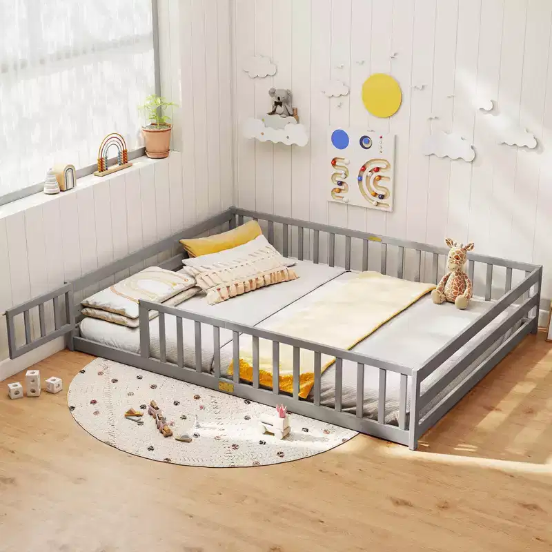 Costway Queen Size Floor Bed with Full Length Safety Guardrails & Door for Boys, Girls Pink/Gray/Natural/Icy Aqua/White/Mint Sky