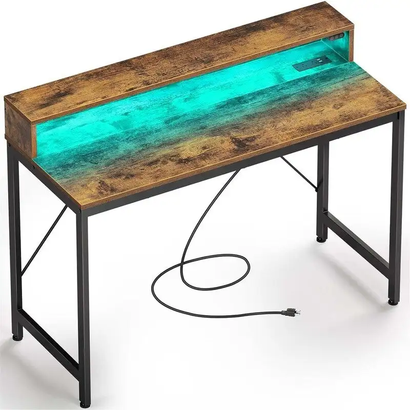 39-Inch Computer Desk with LED Lights and Built-In Power Strip