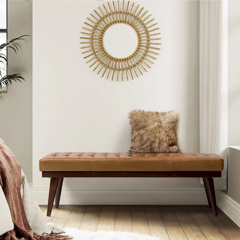Genuine Leather Tufted Bench with Solid Wood Base